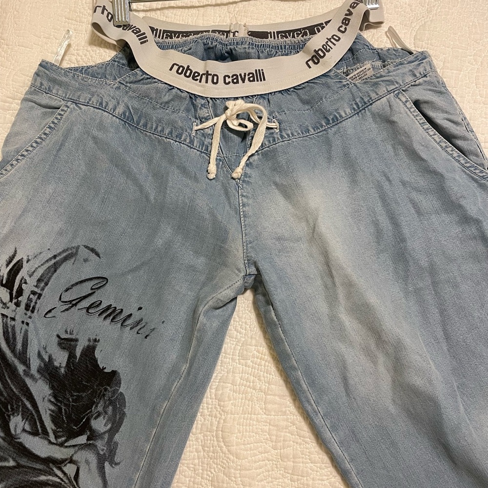 Roberto Cavalli Sky Blue Graphic Denim Trousers
